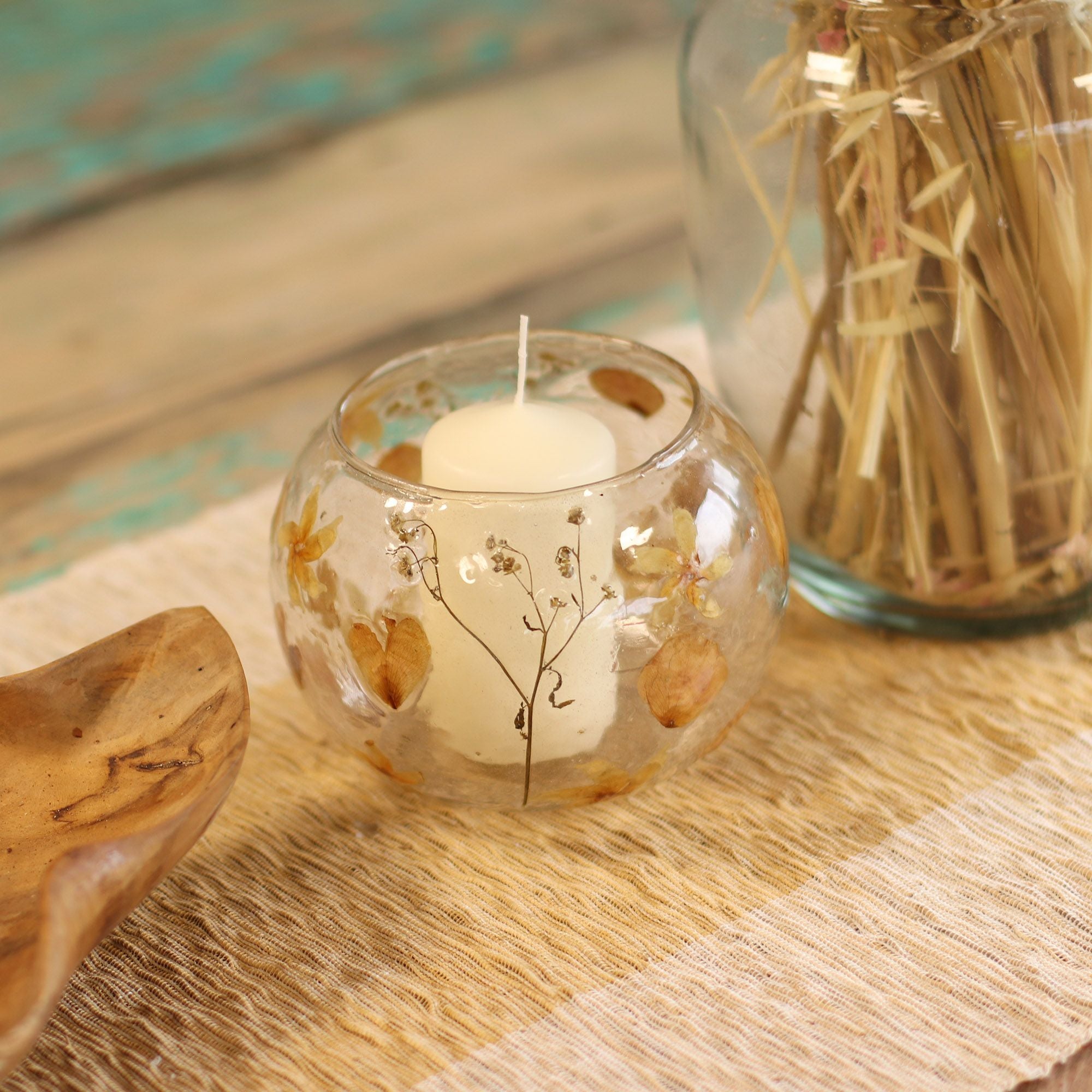Natural Floral Glass - Large Bowl Candle Holder - Rosa - (12x13cm)