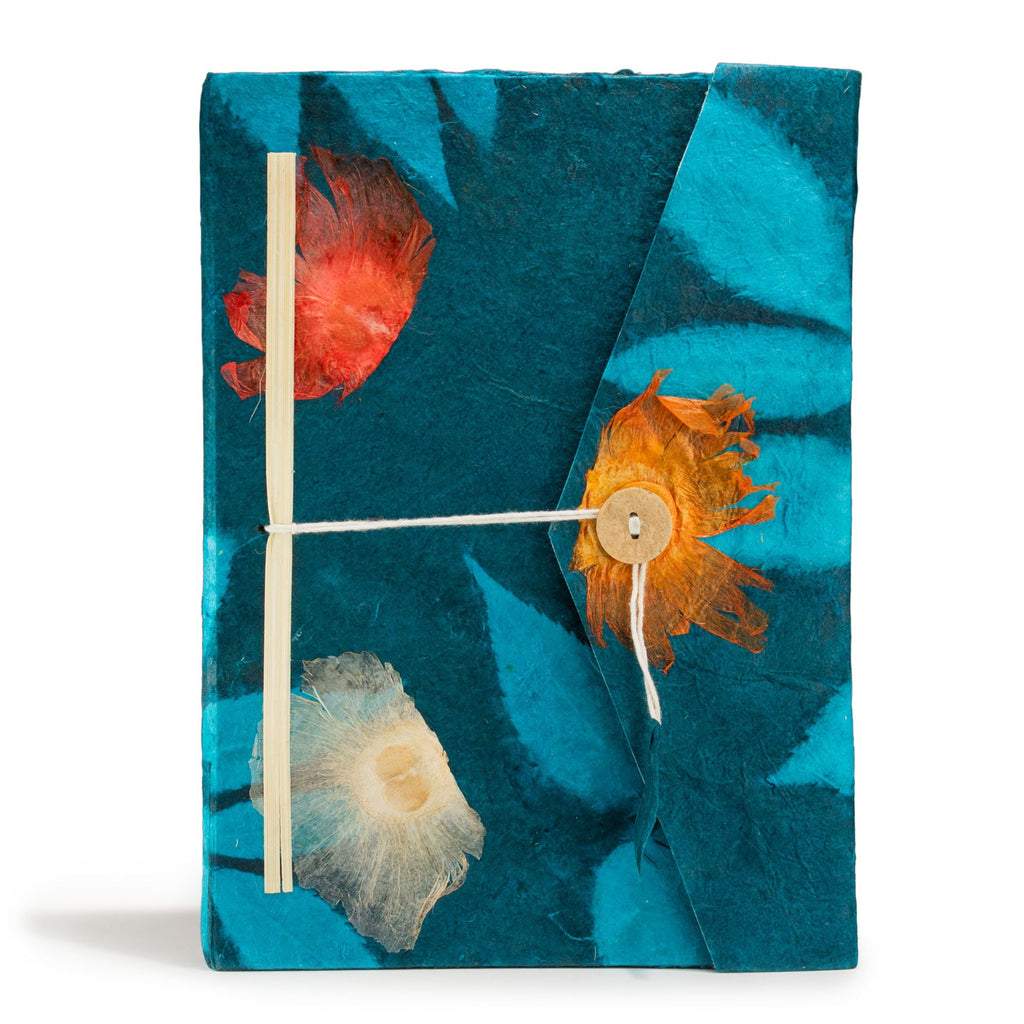 Lokta Bold Floral Notebook – Large (21x15cm) – 45 Leaves – Includes Bookmark – Midnight Blue