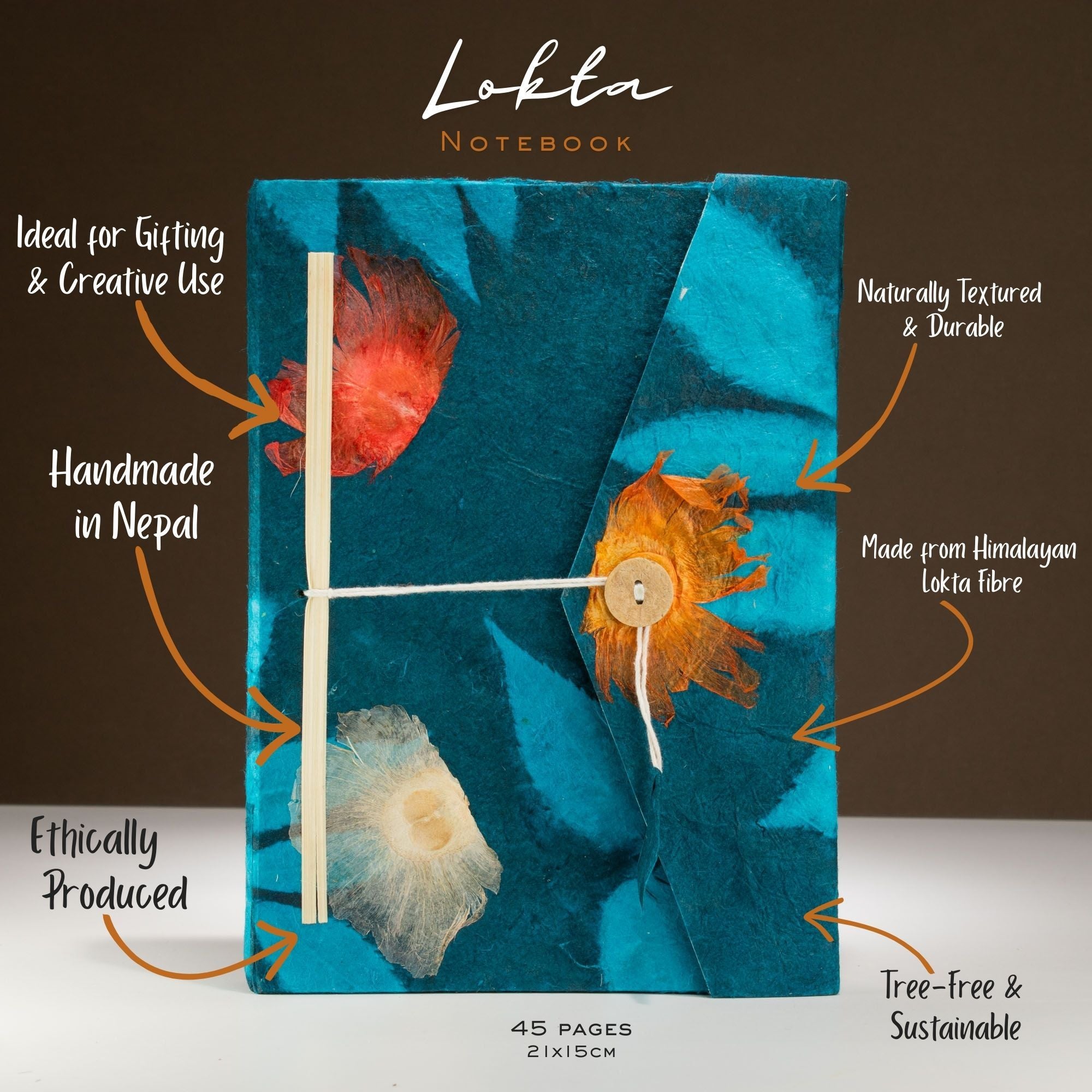 Lokta Bold Floral Notebook – Large (21x15cm) – 45 Leaves – Includes Bookmark – Midnight Blue