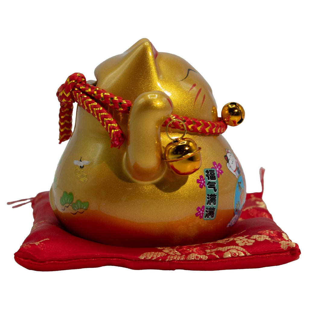 Ceramic Money Cat Bank - Gold on Cushion