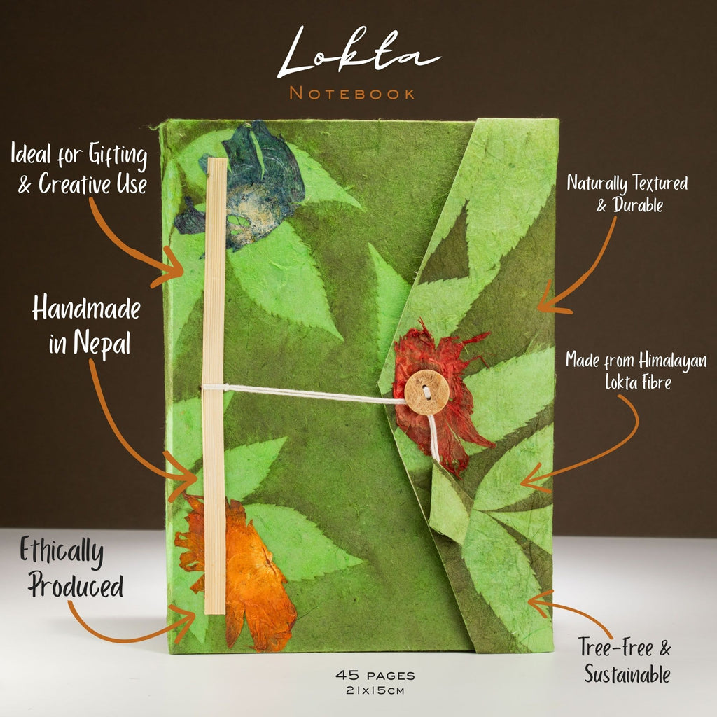 Lokta Bold Floral Notebook – Large (21x15cm) – 45 Leaves – Includes Bookmark – Moss Green