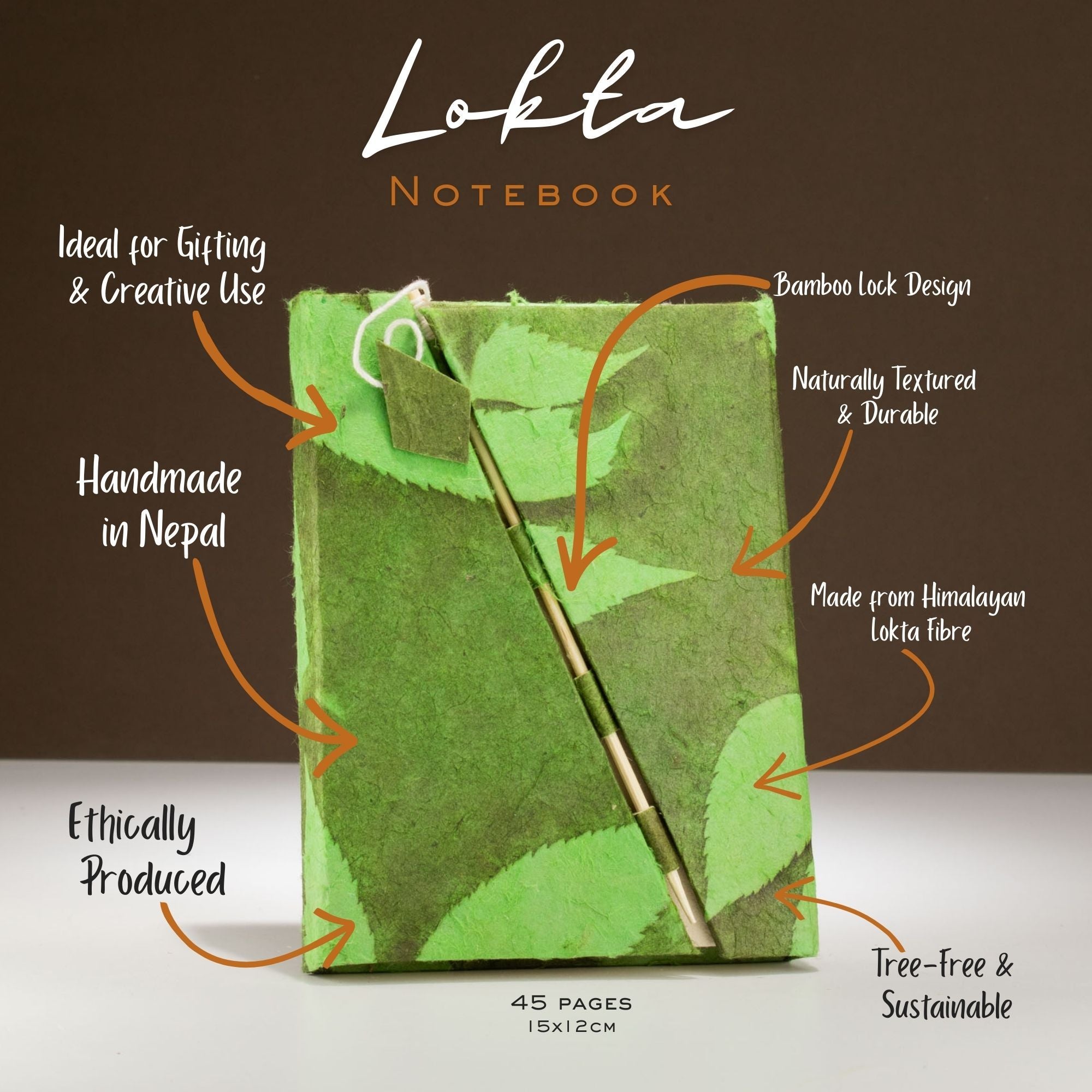 Lokta Bold Floral Bamboo Lock Notebook – Medium (15x12cm) – 45 Leaves – Moss Green