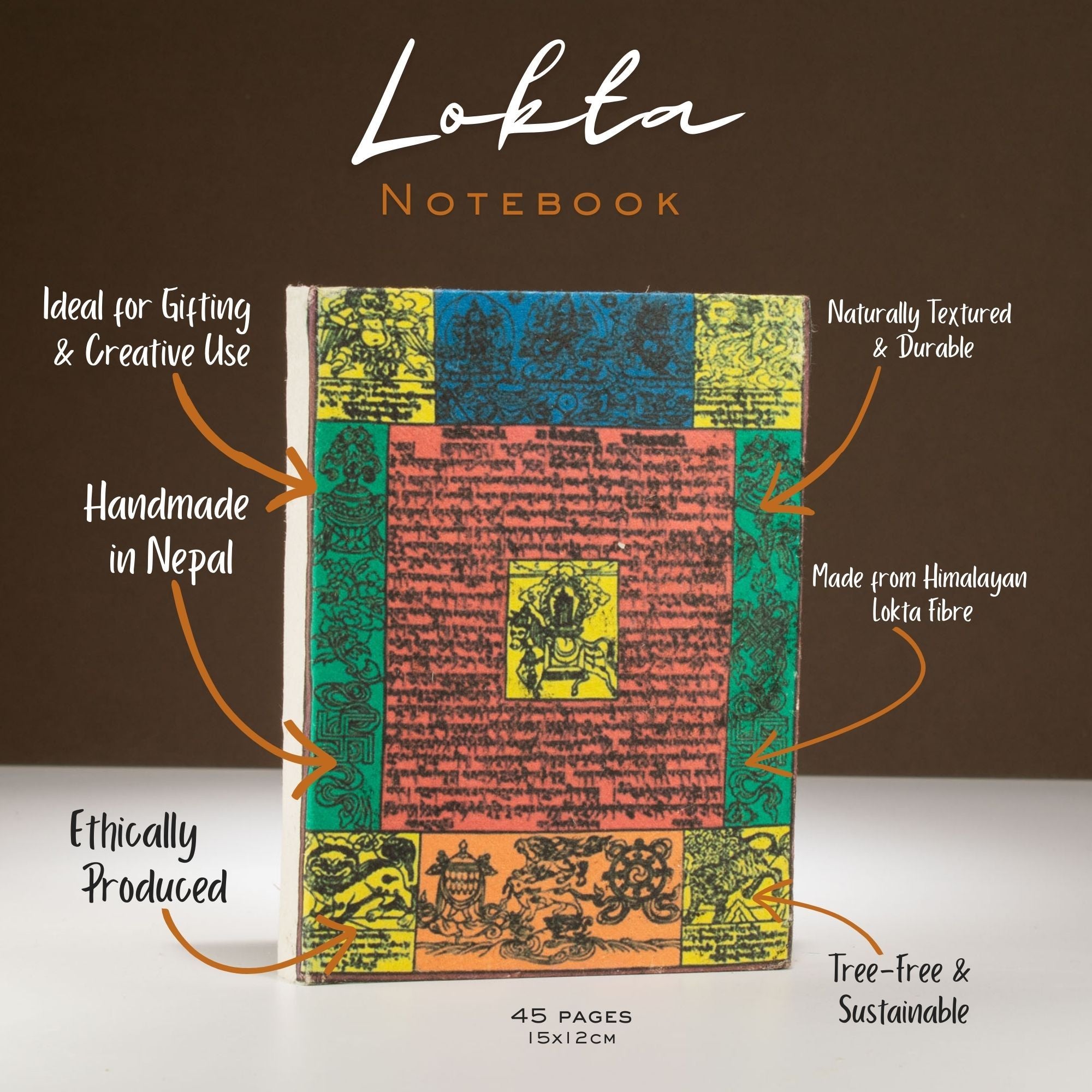 Lokta Traditional Prayer Flag Notebook – Medium (15x12cm) – 45 Leaves – Natural