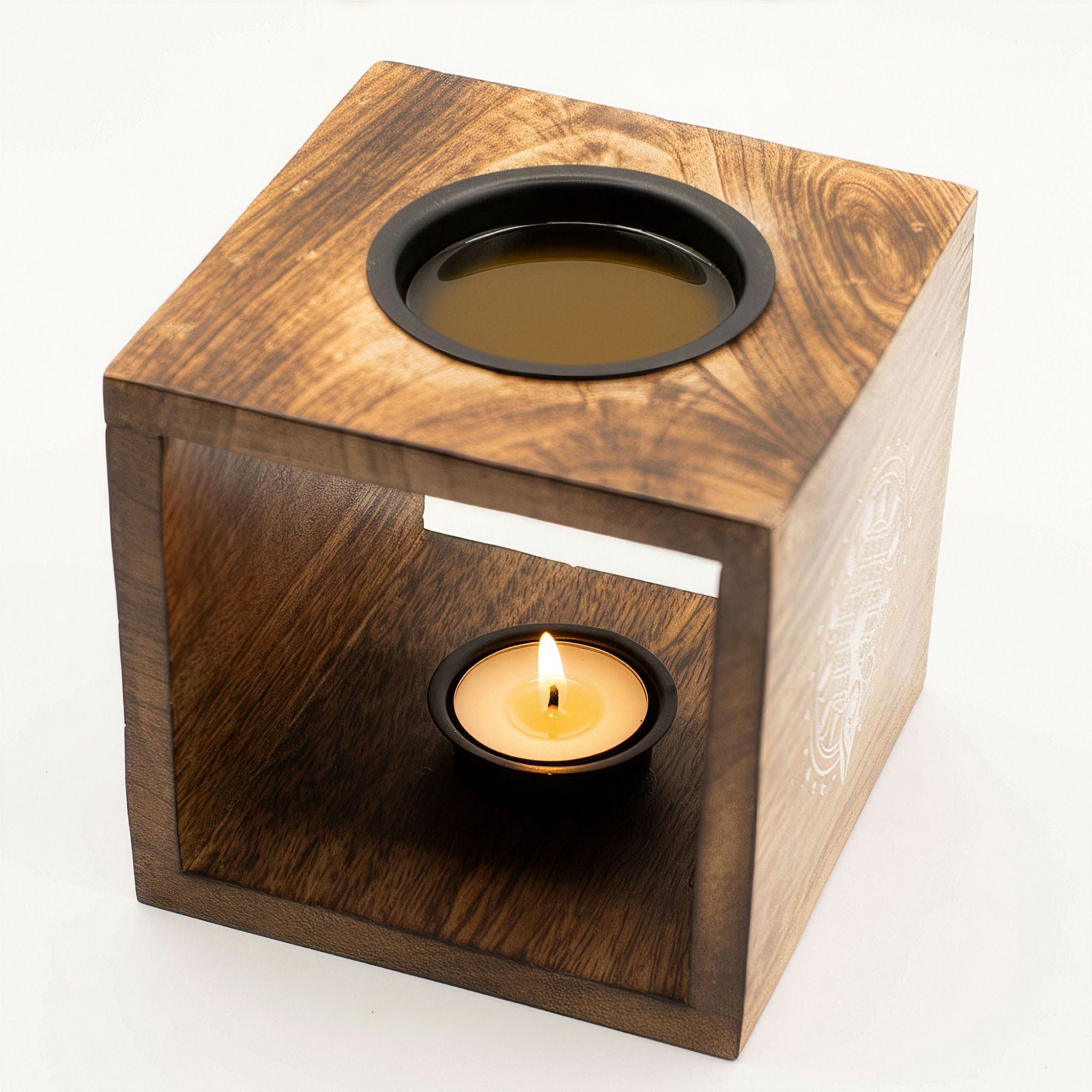 Large Square Mango Wood Oil Burner - Moon Goddess
