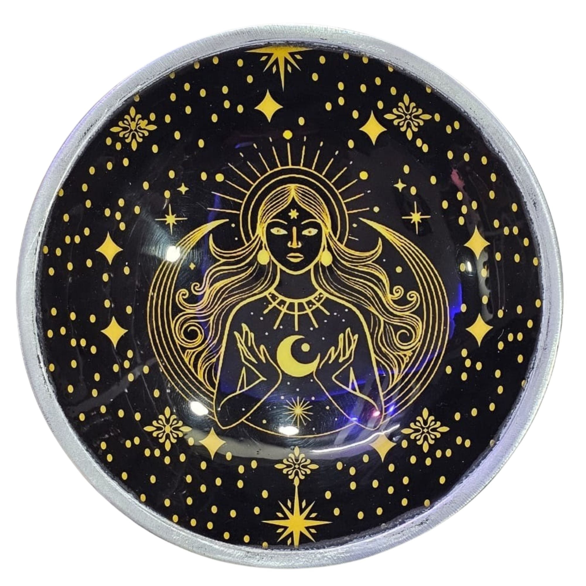 Triple Leg  Enamelled  Offering Plate - Gold Goddess on Black