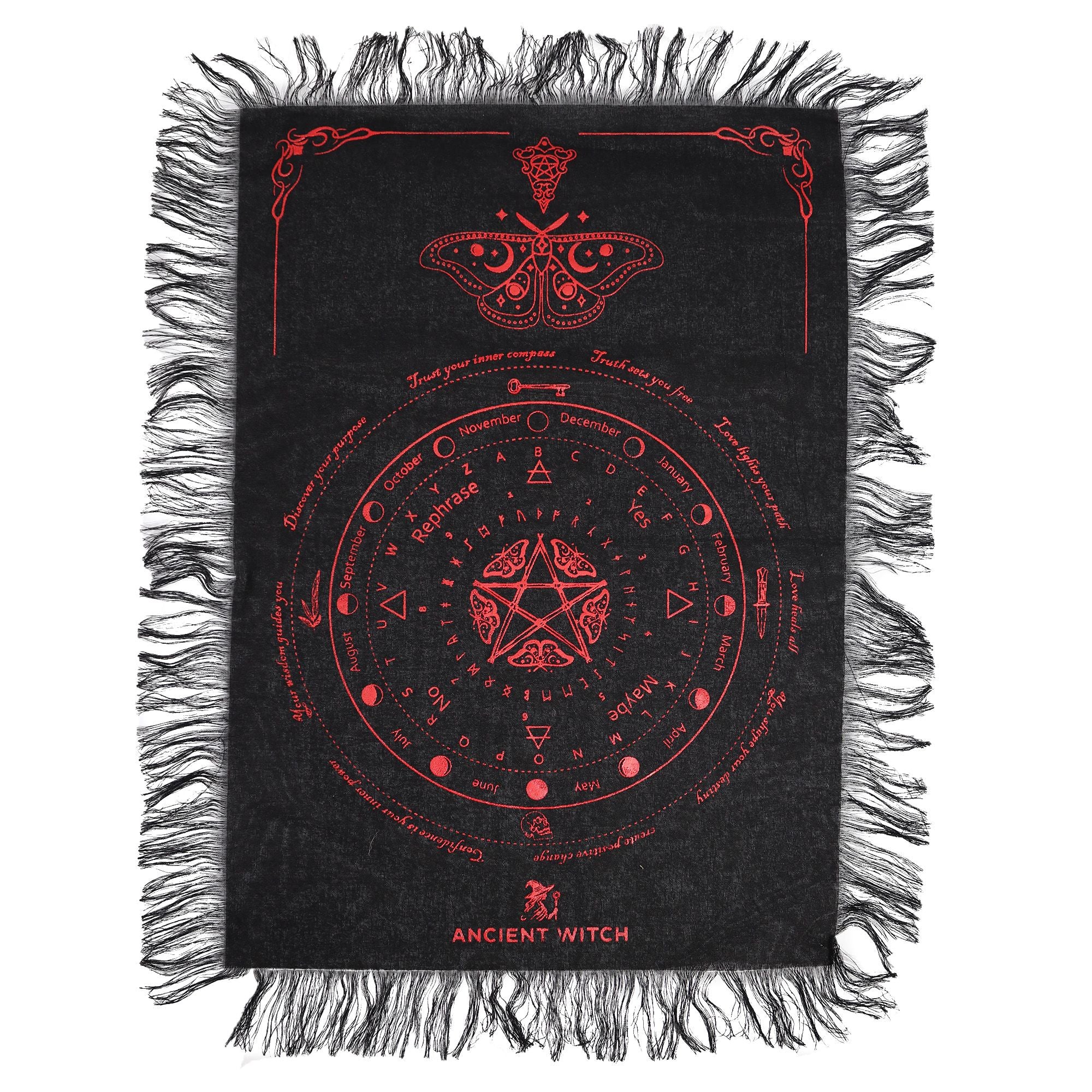 Ancient Witch Pendulum Divination Cloth - Mystic Moth - Black & Blood Red