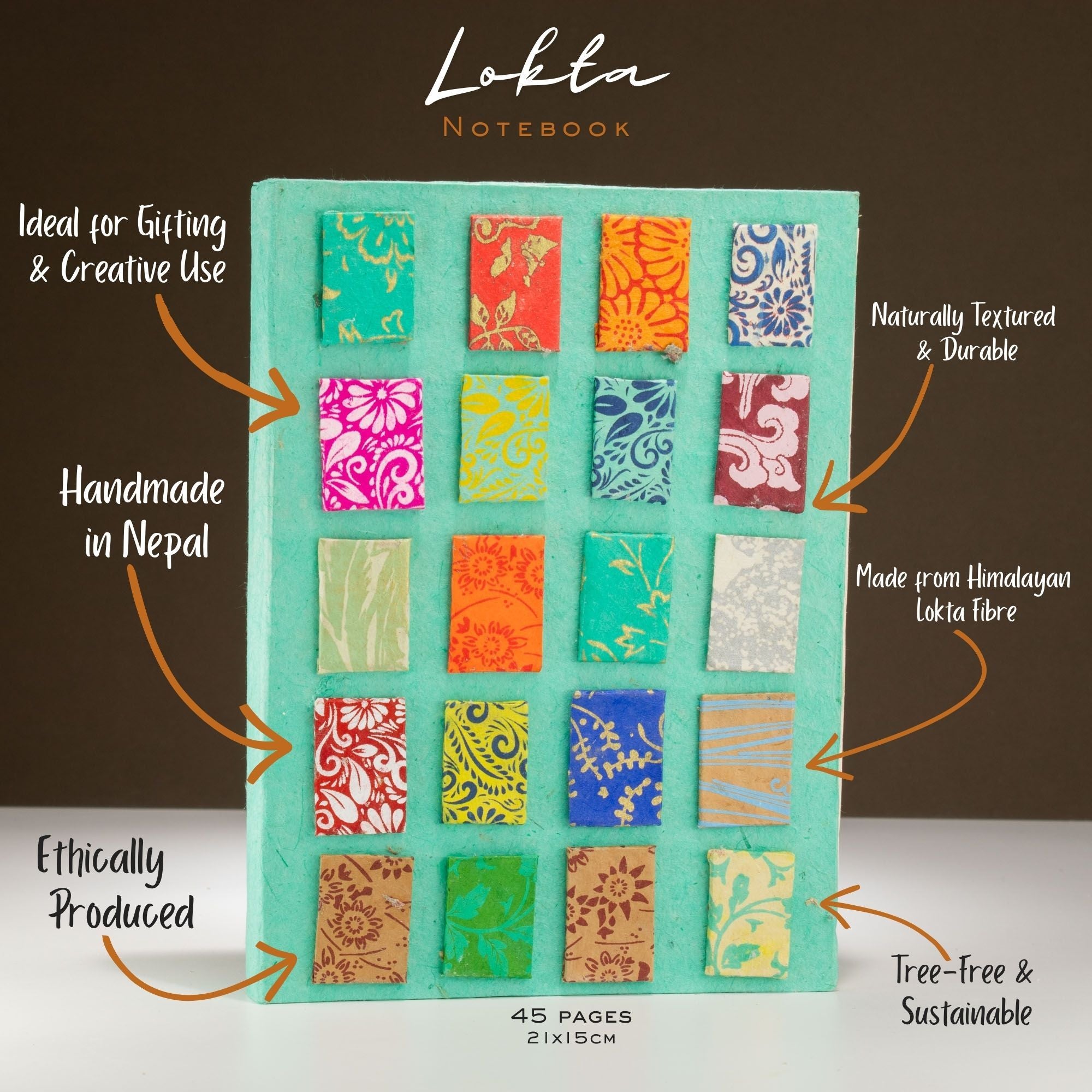 Lokta Mini Tiles Notebook – Large (21x15cm) – 45 Leaves – Includes Bookmark – Teal