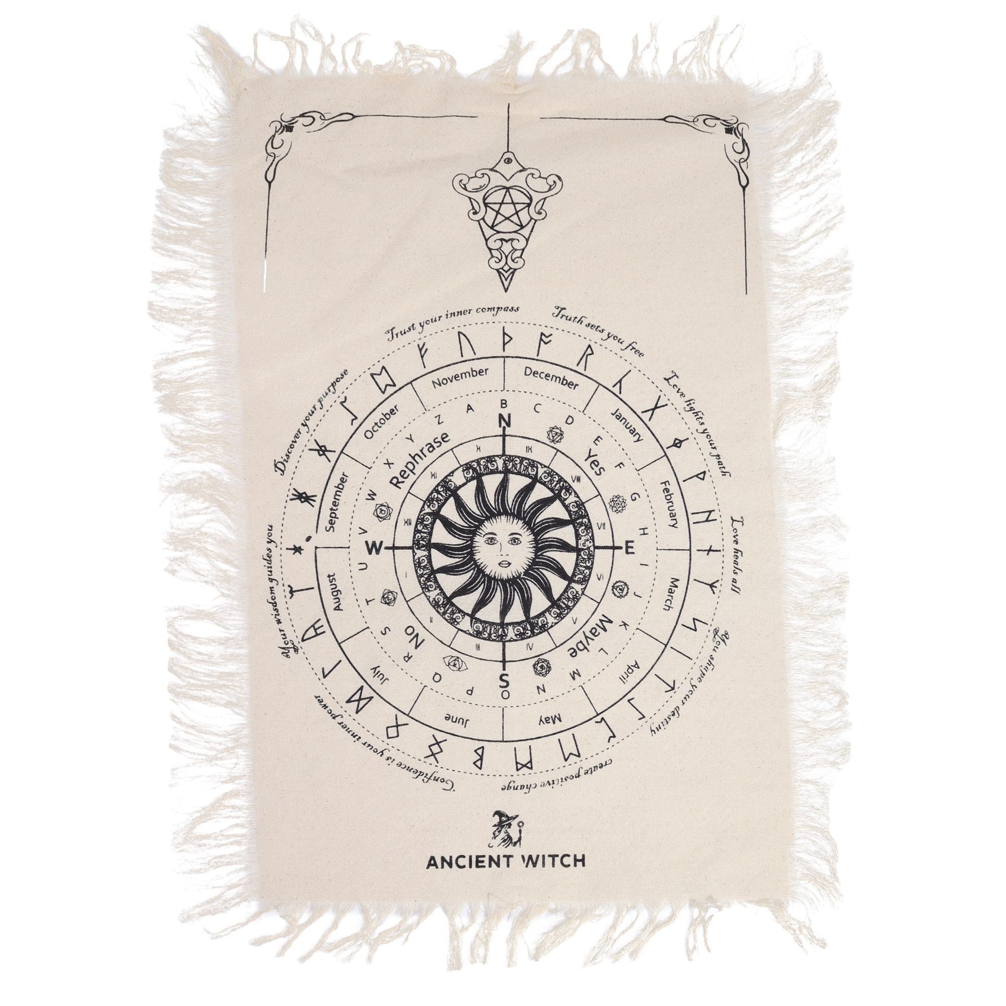 Ancient Witch Pendulum Divination Cloth - Sun Face - Natural & Black