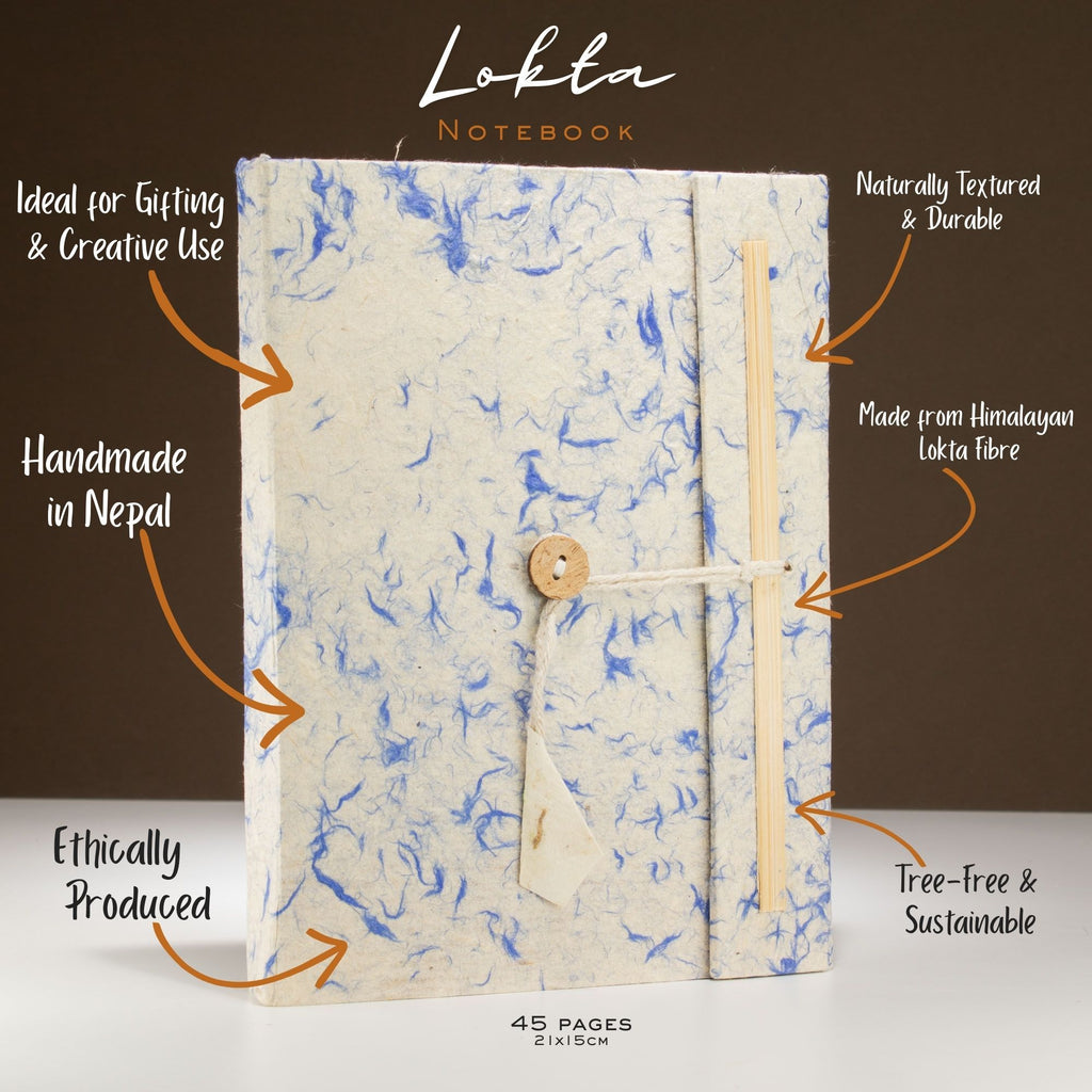 Lokta Mixed Blue Cotton Notebook – Large (21x15cm) – 45 Leaves – Includes Bookmark