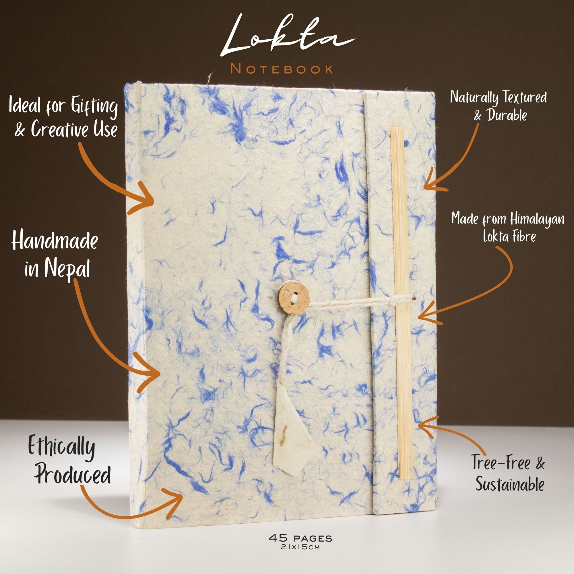 Lokta Mixed Blue Cotton Notebook – Large (21x15cm) – 45 Leaves – Includes Bookmark