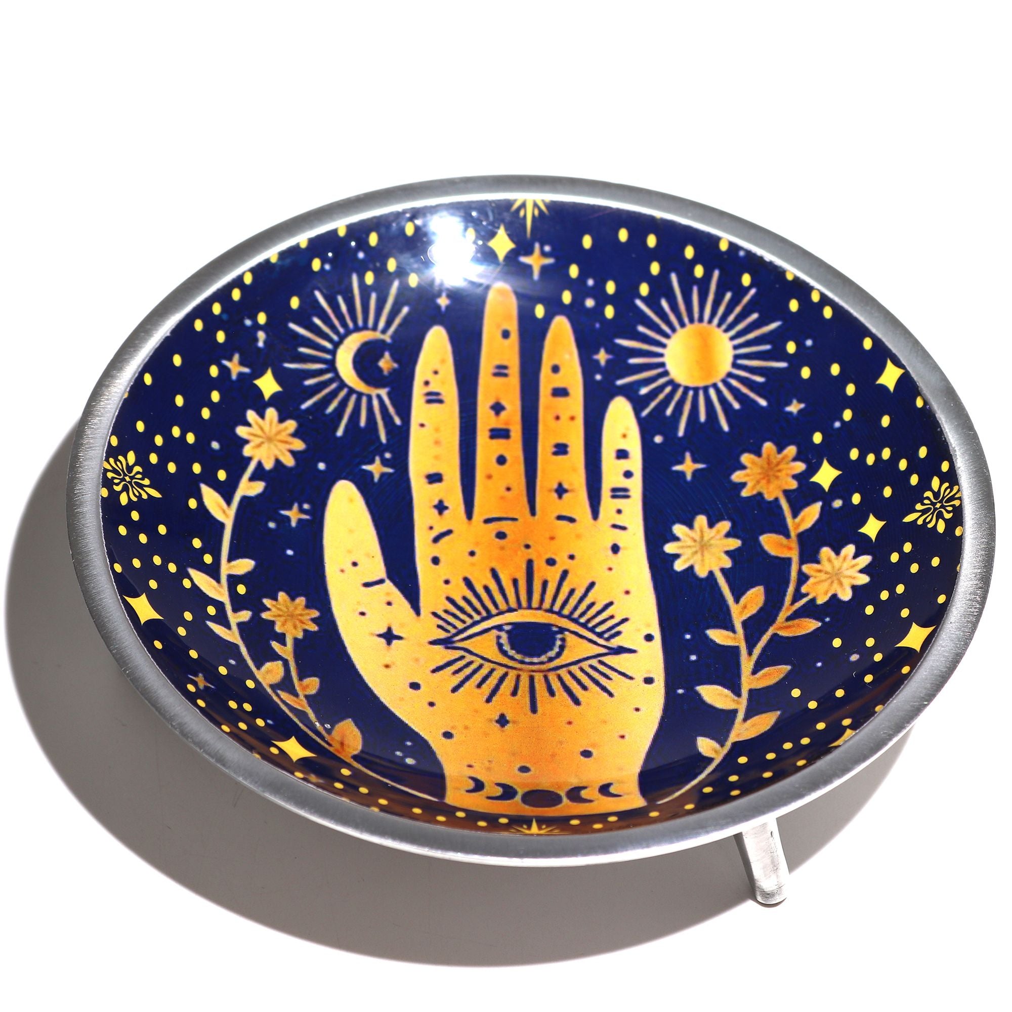 Triple Leg Enamelled Offering Plate - Hamsa Midnight Blue