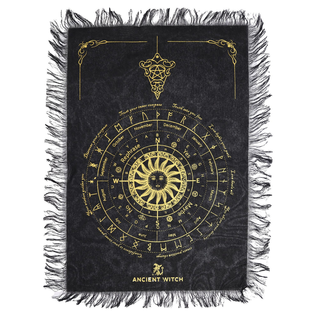 Ancient Witch Pendulum Divination Cloth - Sun Face - Black & Gold