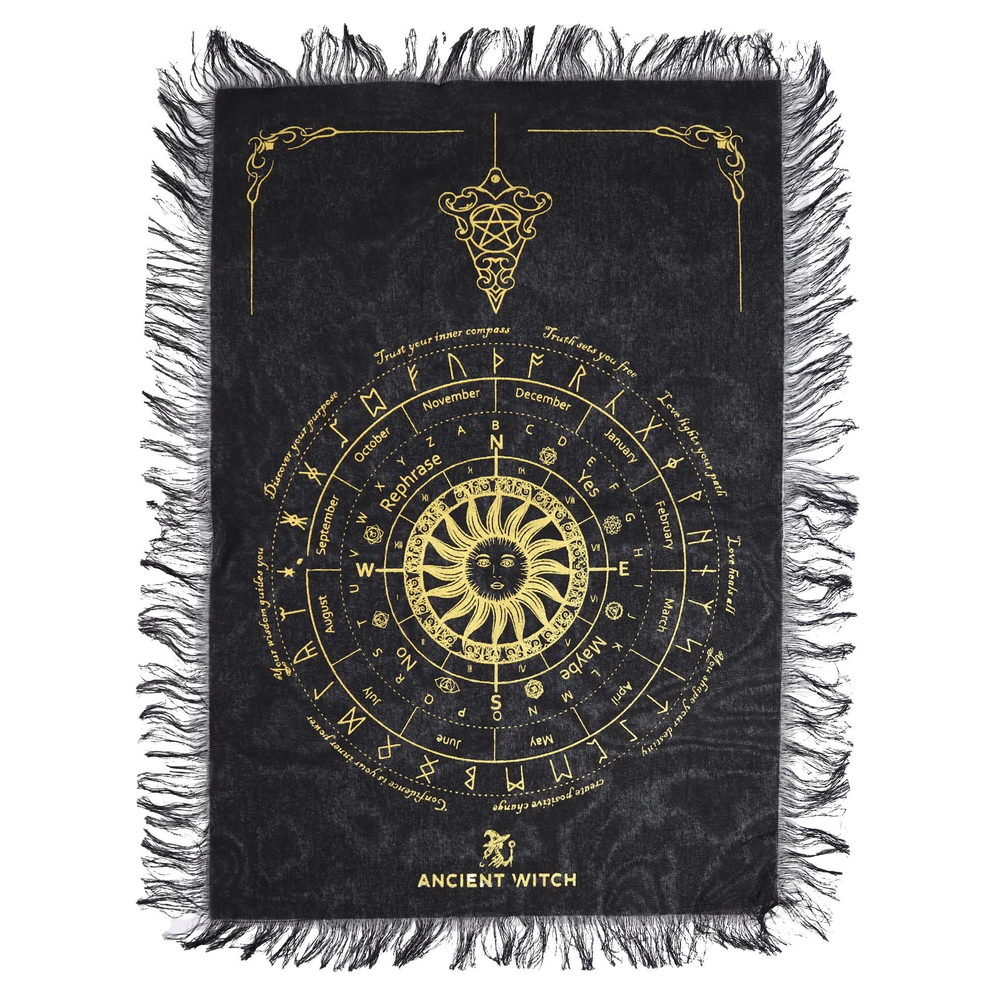 Ancient Witch Pendulum Divination Cloth - Sun Face - Black & Gold