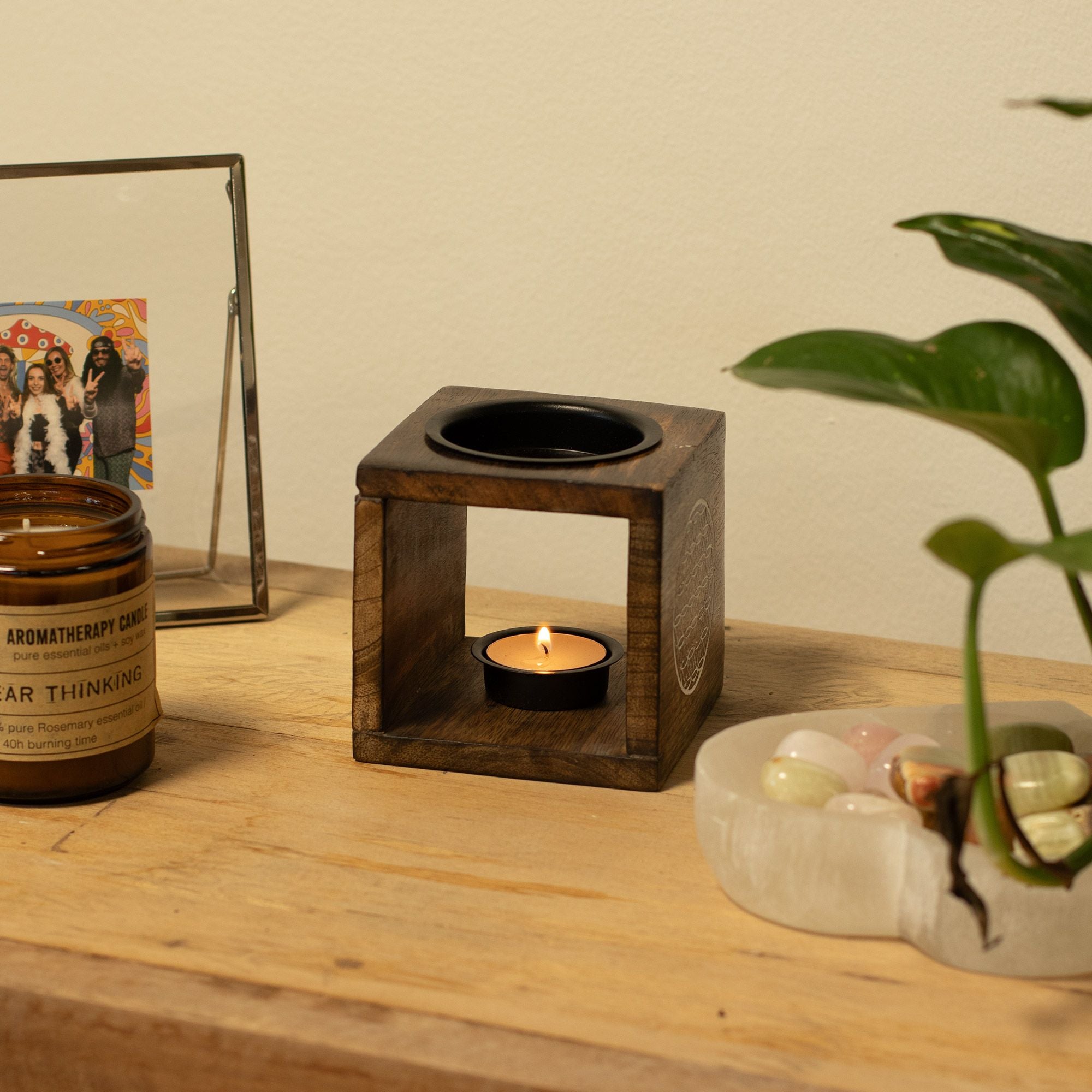 Square Mango Wood Oil Burner  - Yin Yang