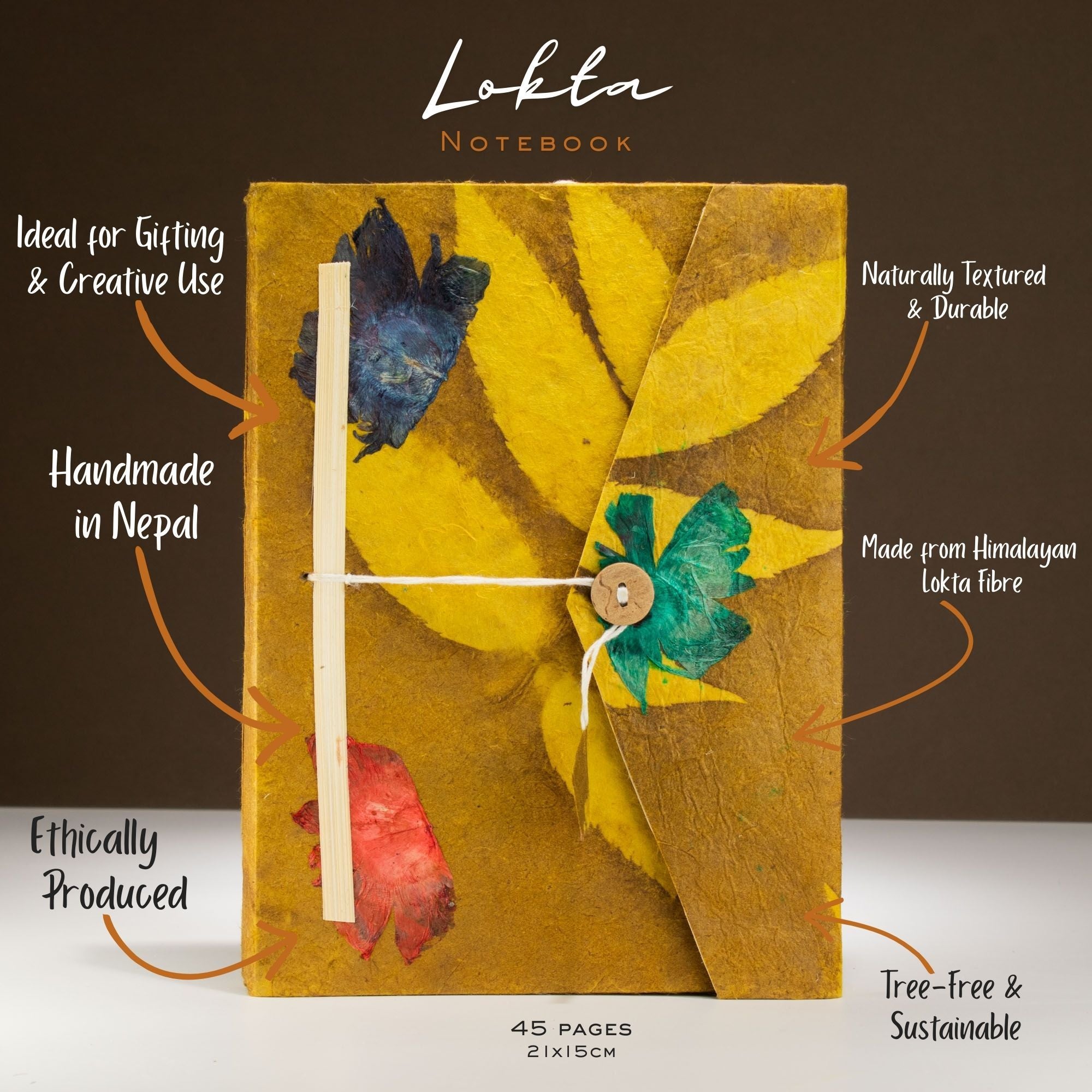 Lokta Bold Floral Notebook – Large (21x15cm) – 45 Leaves – Includes Bookmark – Mustard Brown