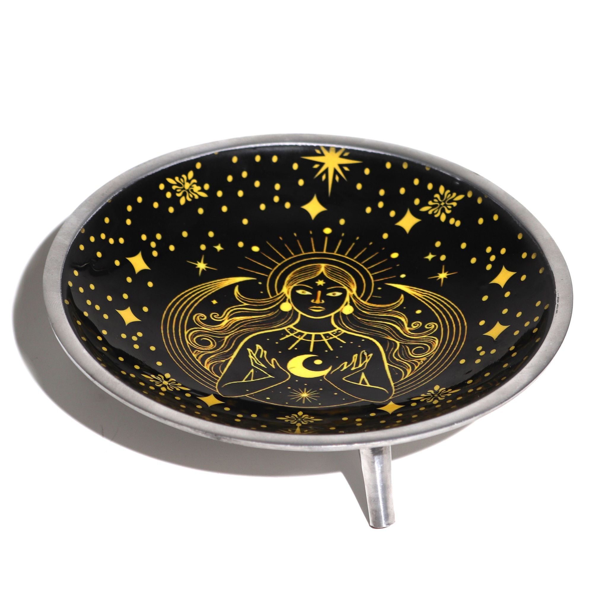 Triple Leg  Enamelled  Offering Plate - Gold Goddess on Black