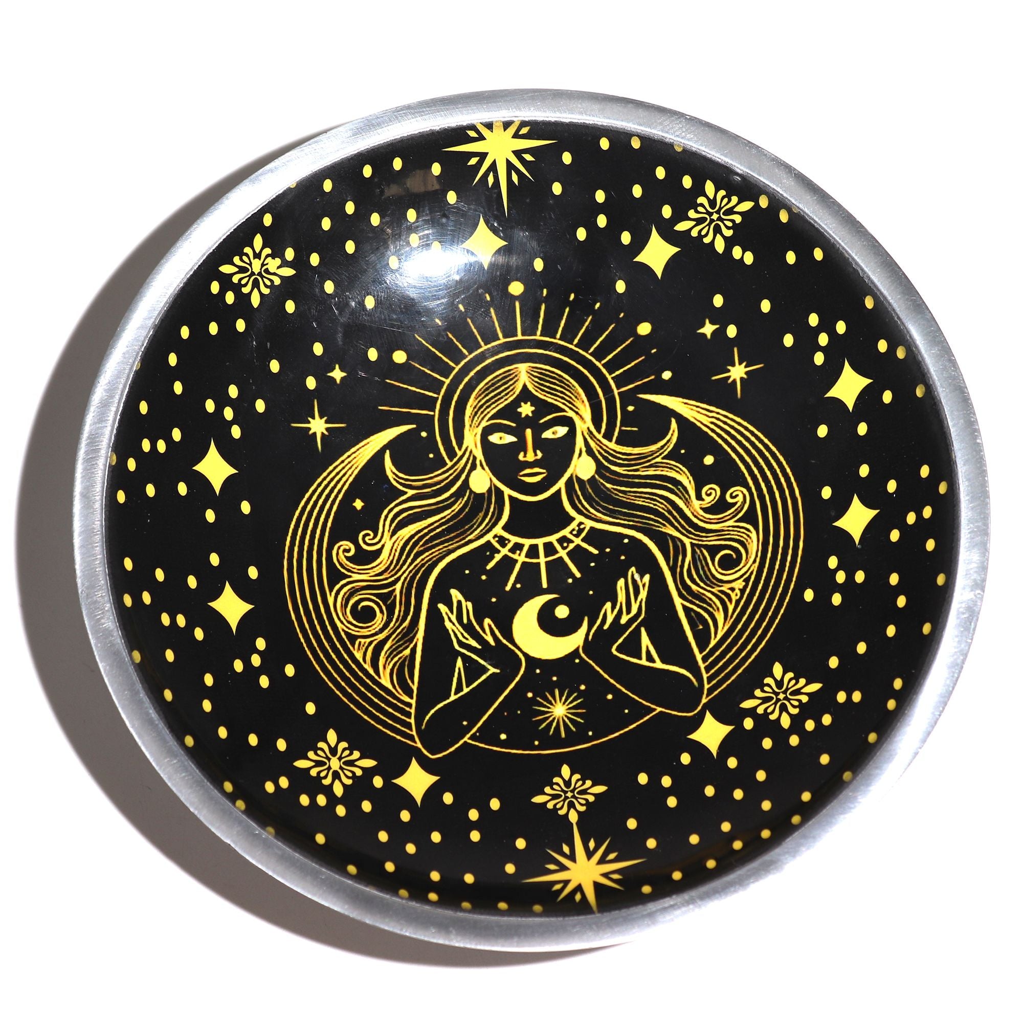 Triple Leg  Enamelled  Offering Plate - Gold Goddess on Black