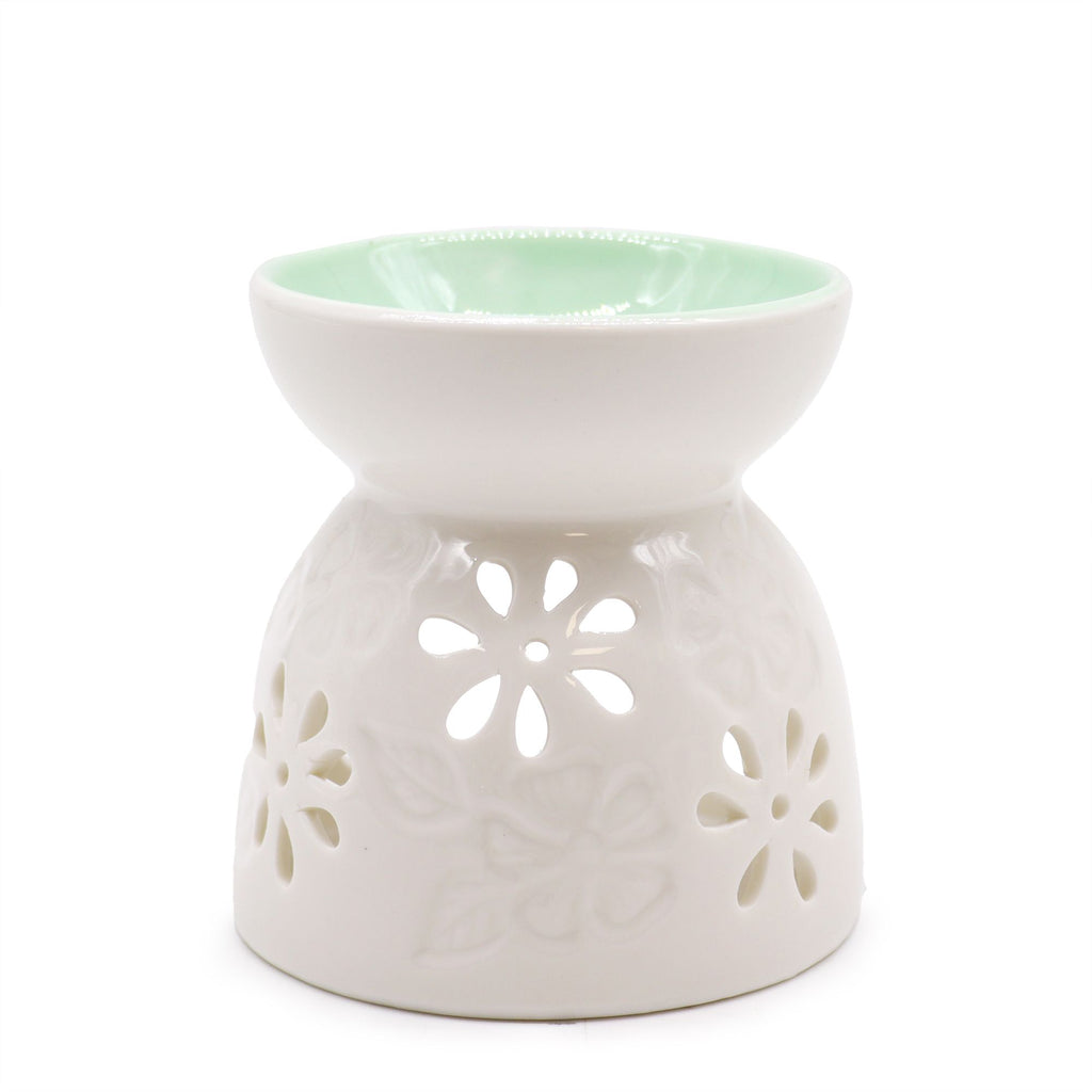 Classic White Oil Burner - Floral with Teal Well