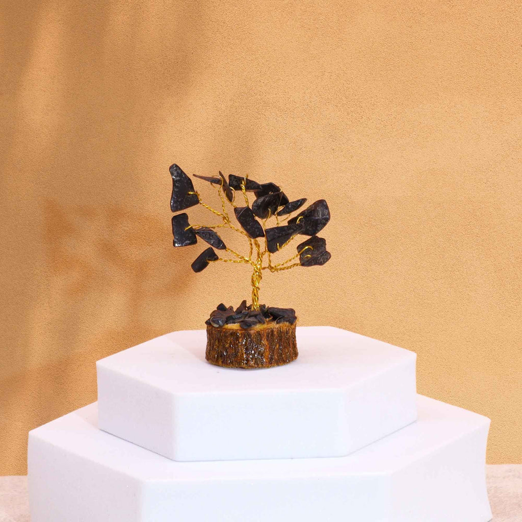 Mini Gemstone Tree On Wood Base - Black Agate (15 stones)