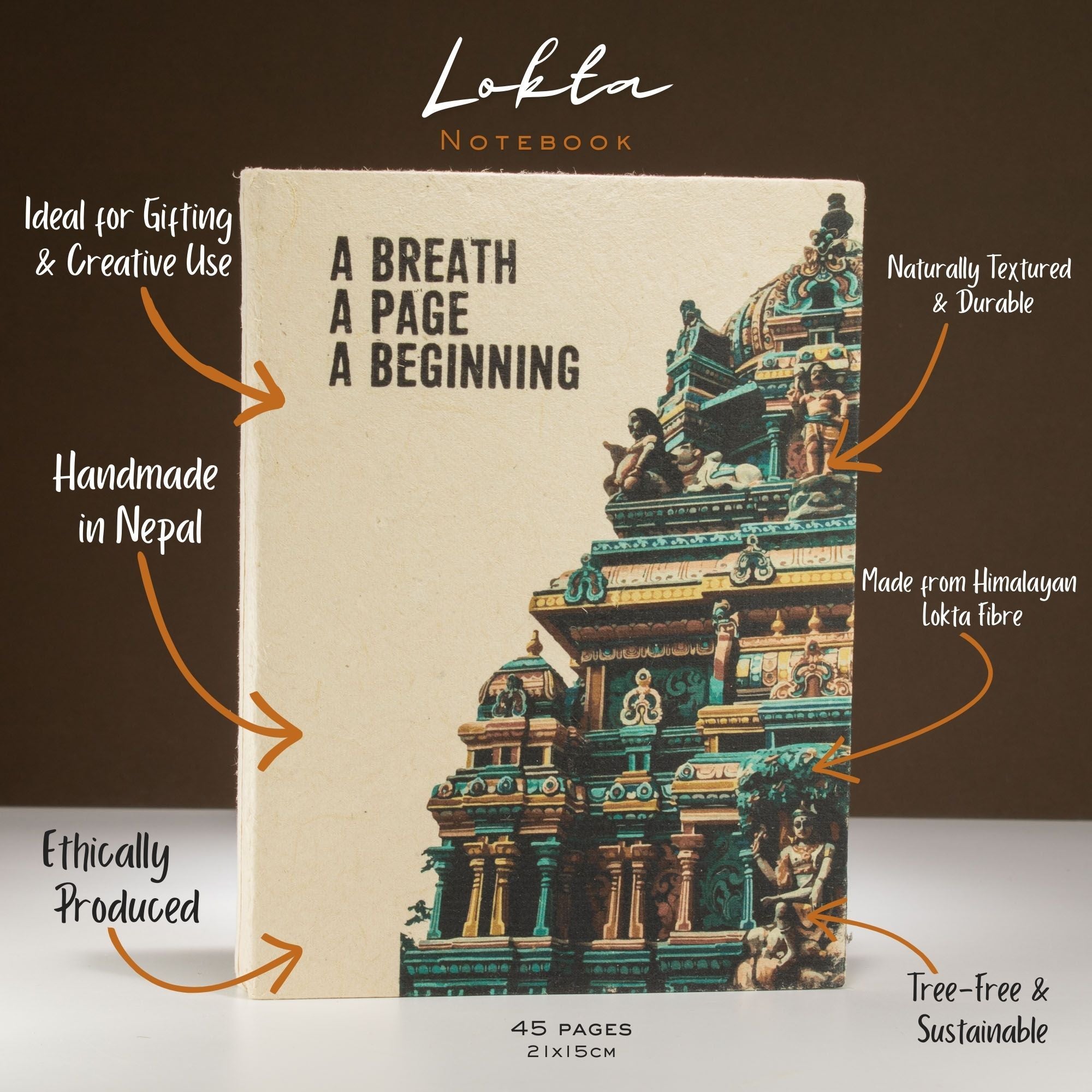 Lokta Inspiration Notebook – A Breath – Large (21x15cm) – 45 Leaves – Includes Bookmark