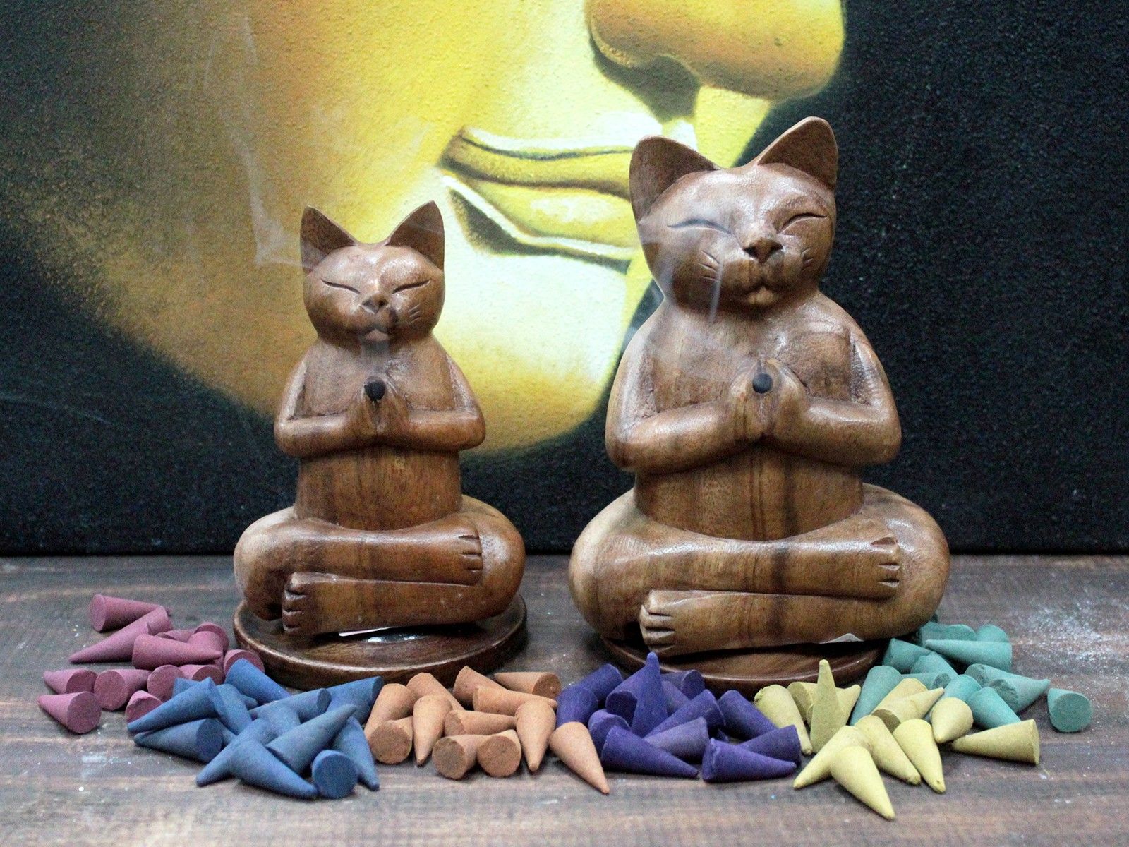 Wooden Carved Incense Burners - Lrg Yoga Cat