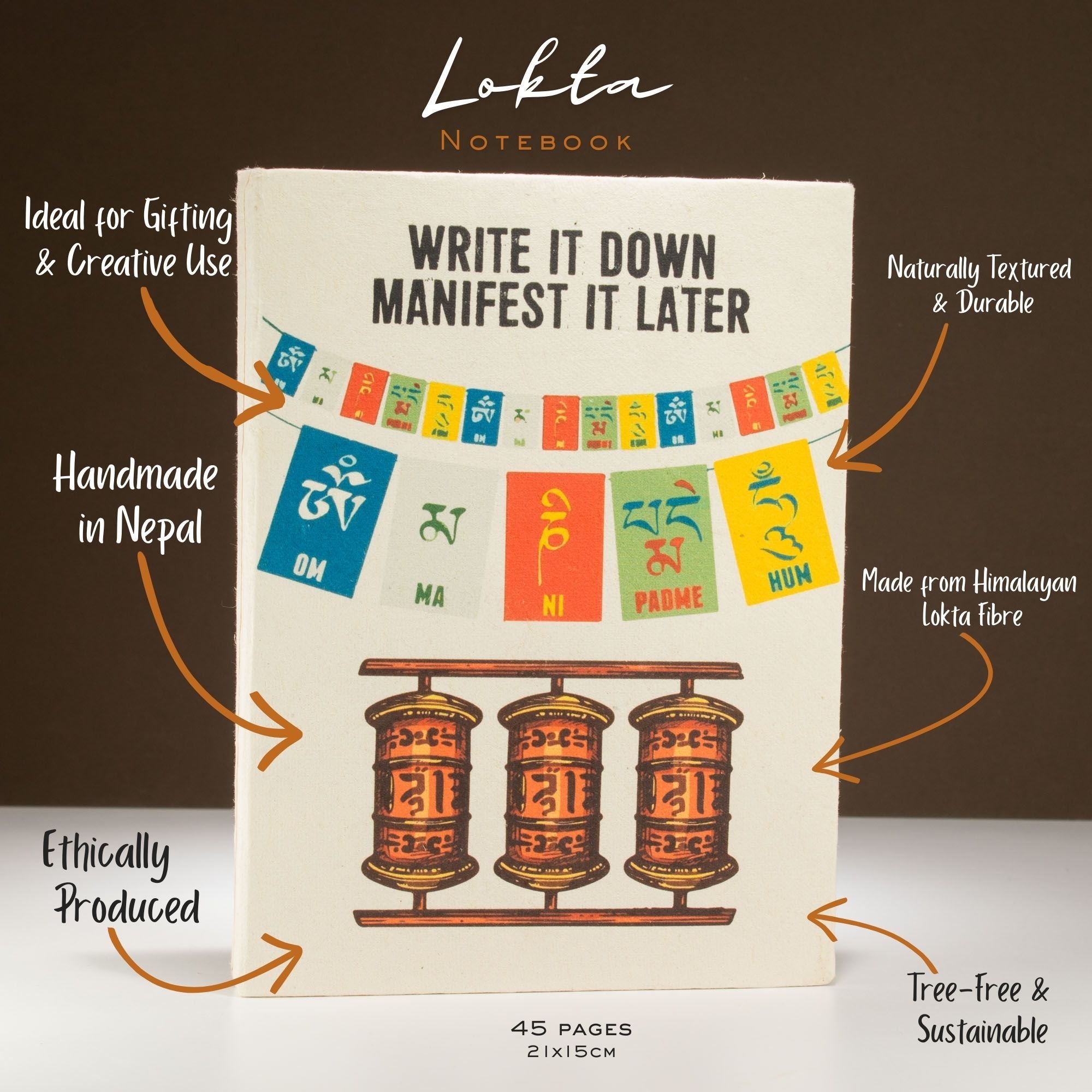 Lokta Inspiration Notebook – Write It Down – Large (21x15cm) – 45 Leaves – Includes Bookmark
