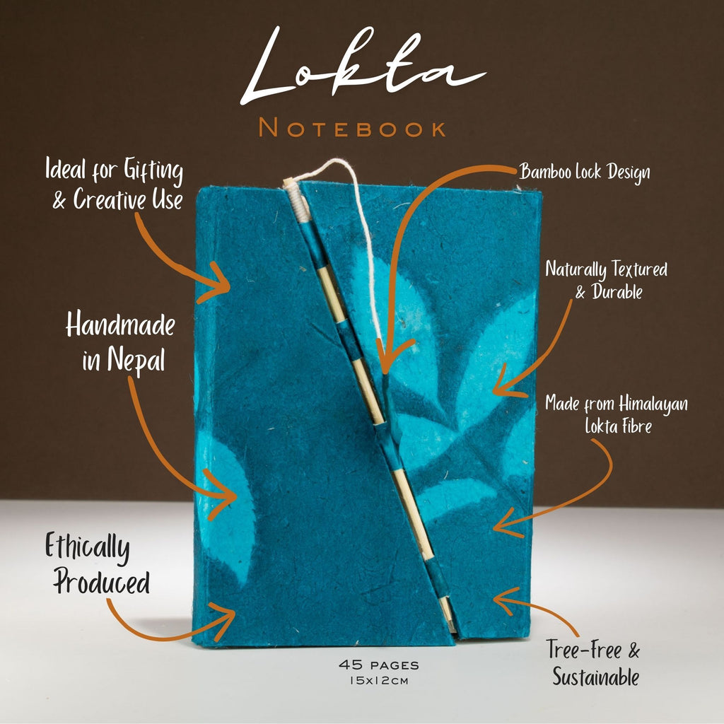 Lokta Bold Floral Bamboo Lock Notebook – Medium (15x12cm) – 45 Leaves – Midnight Blue