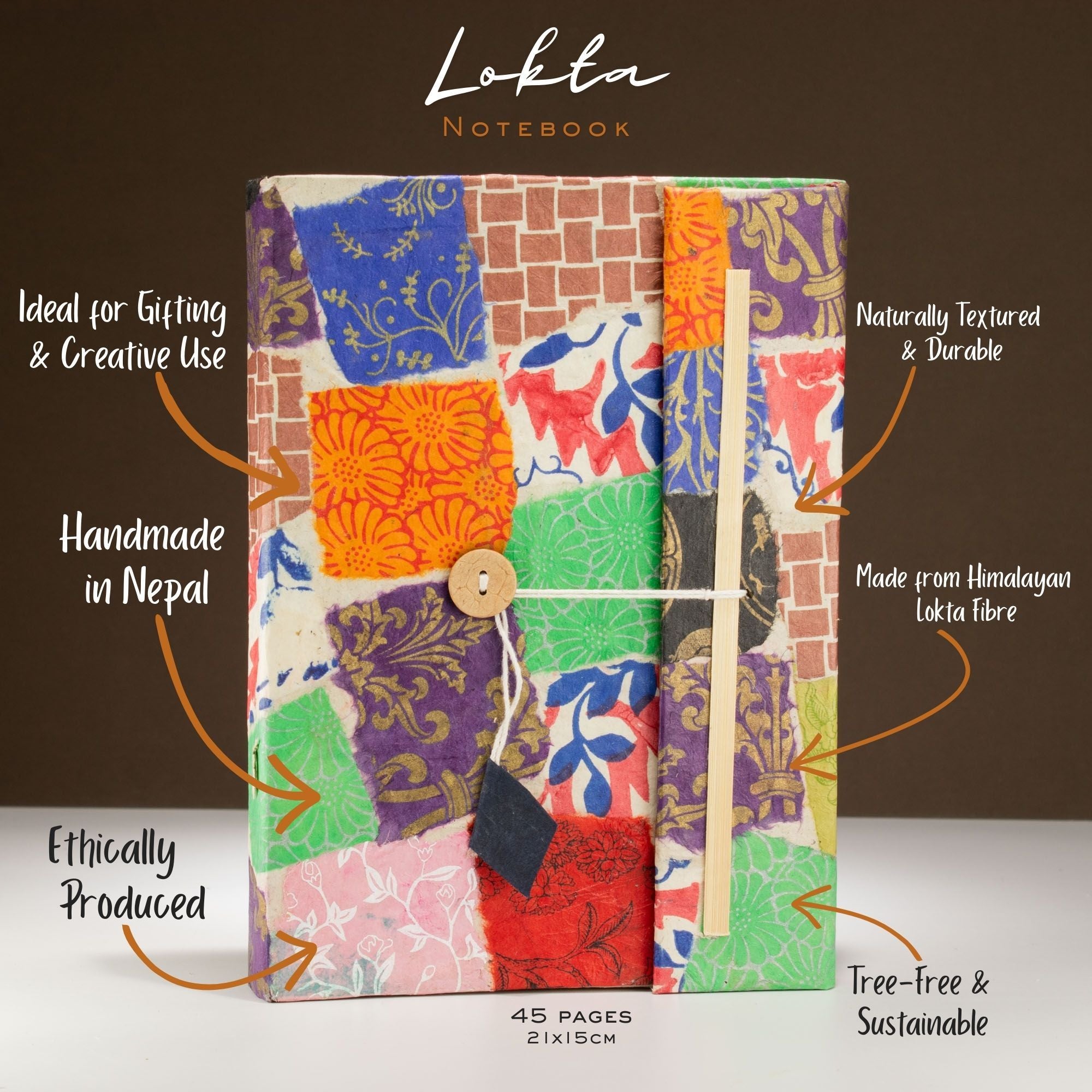 Lokta Patchwork Notebook – Large (21x15cm) – 45 Leaves – Includes Bookmark – Multi Colour