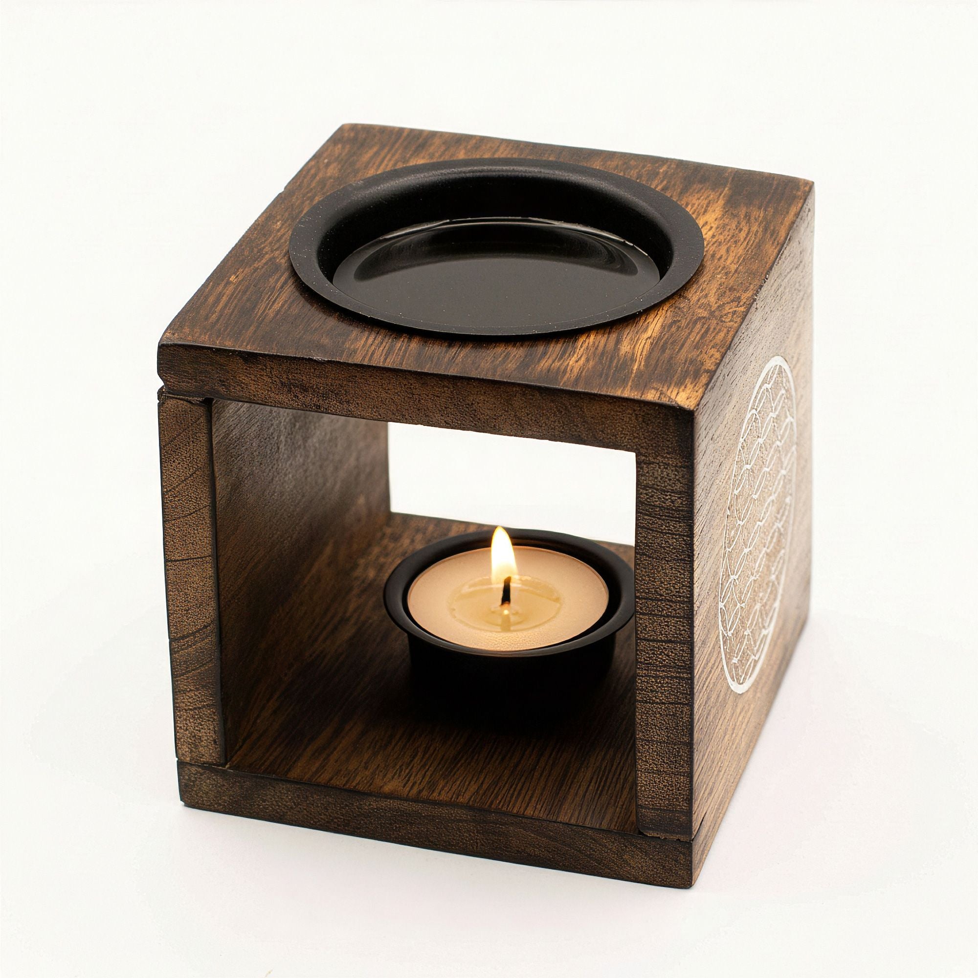 Square Mango Wood Oil Burner - Flower of Life